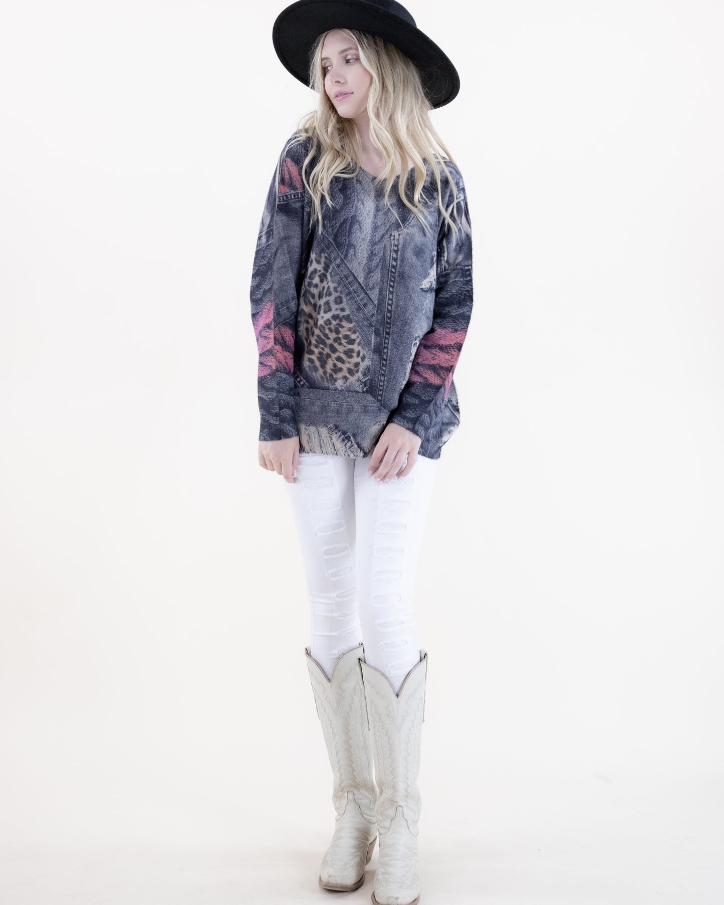 Denim and Cheetah Digitally Printed V-Neck Sweater