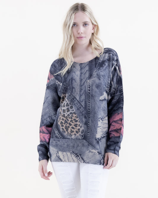 Denim and Cheetah Digitally Printed V-Neck Sweater