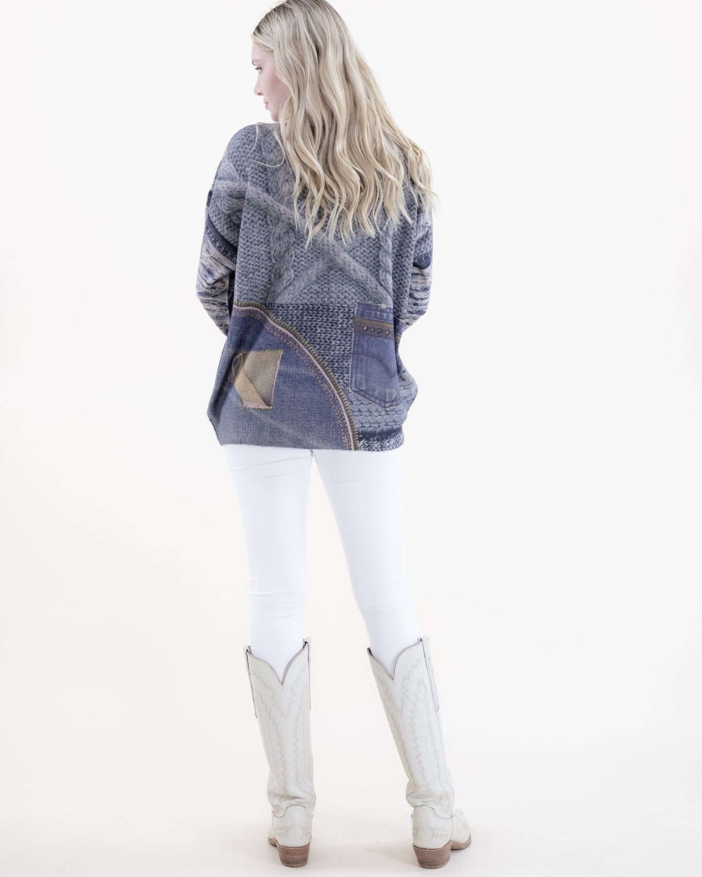 Denim and Knit Digitally Printed V-Neck Sweater