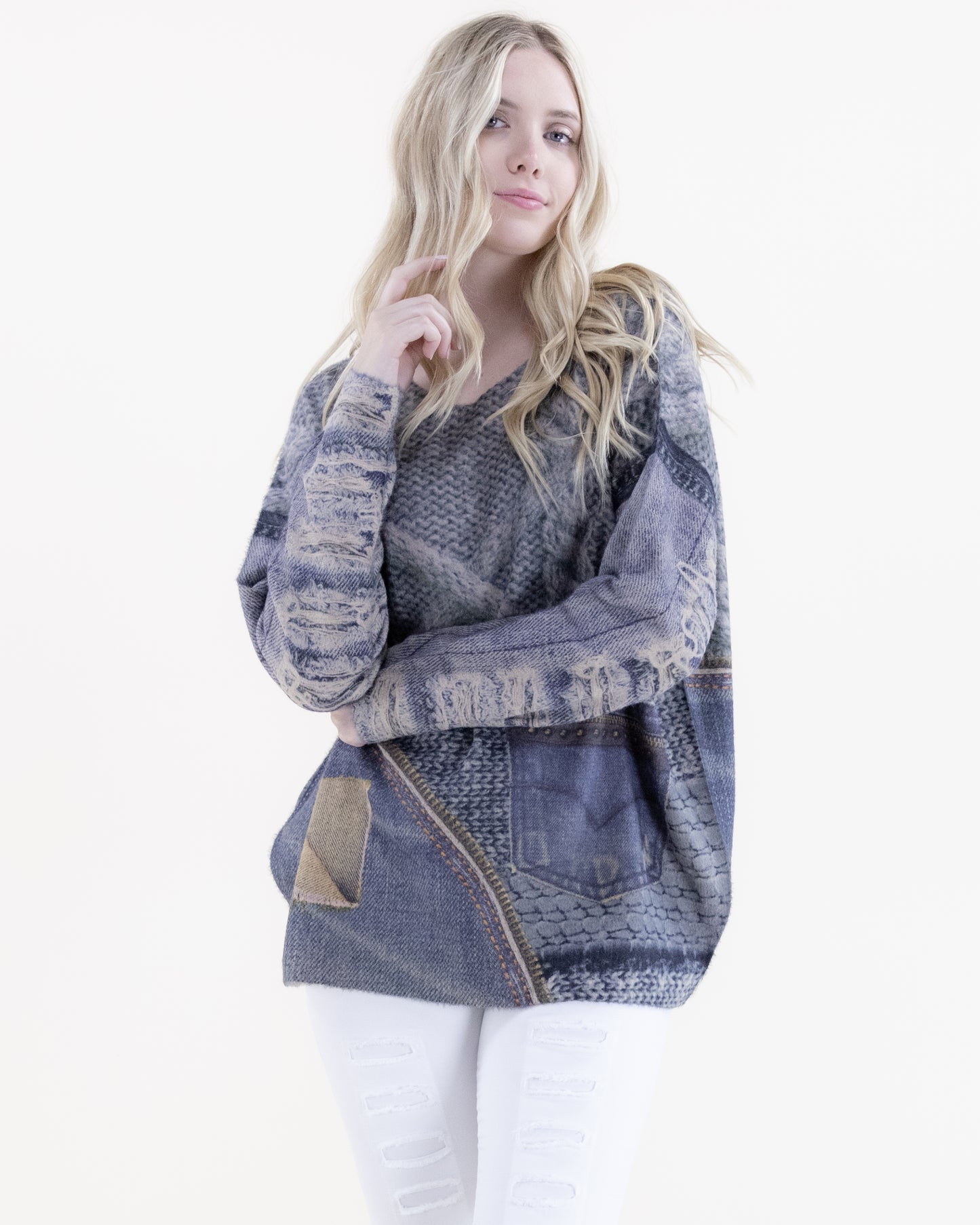 Denim and Knit Digitally Printed V-Neck Sweater