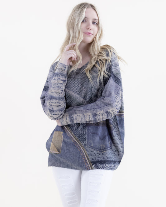 Denim and Knit Digitally Printed V-Neck Sweater