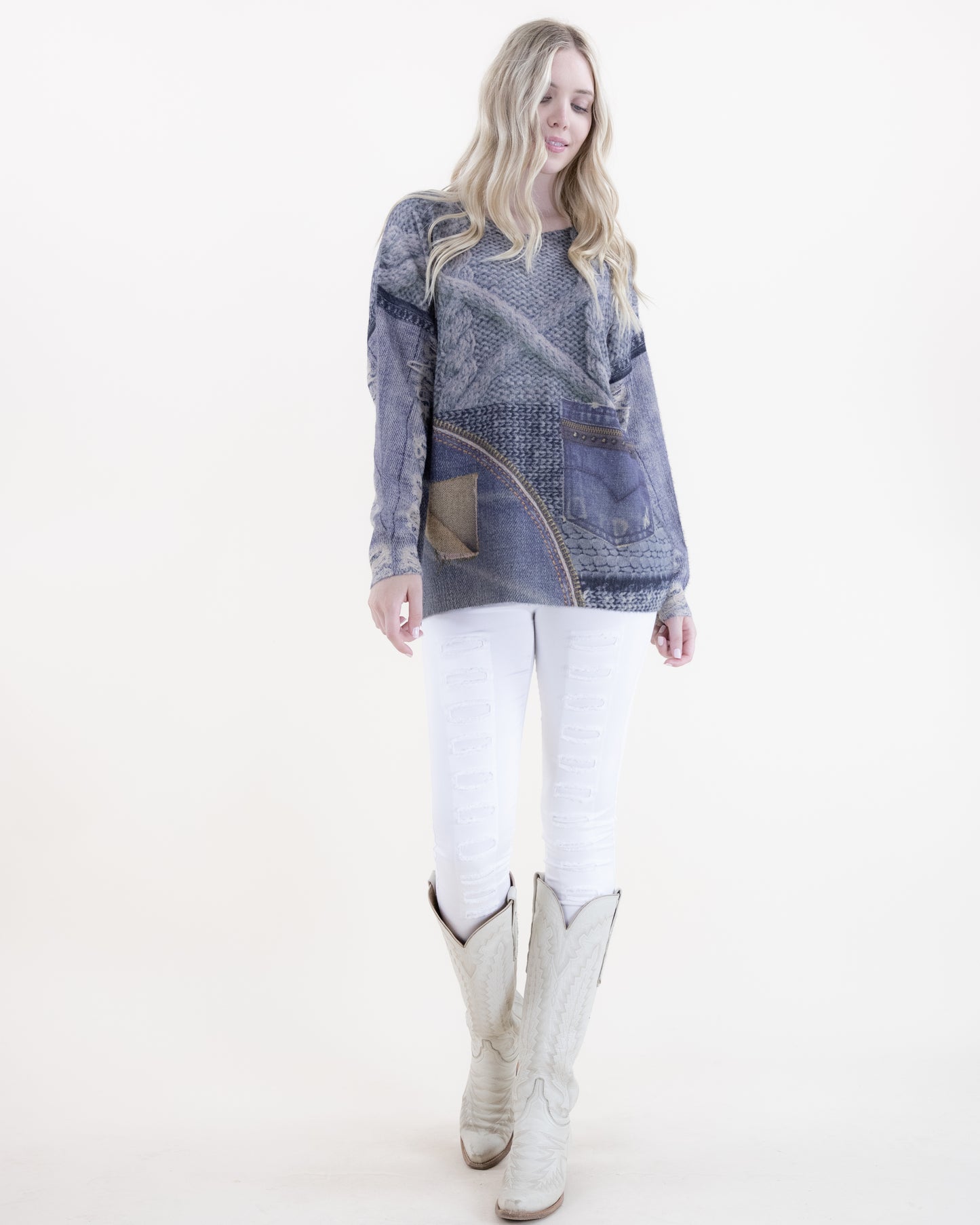 Denim and Knit Digitally Printed V-Neck Sweater