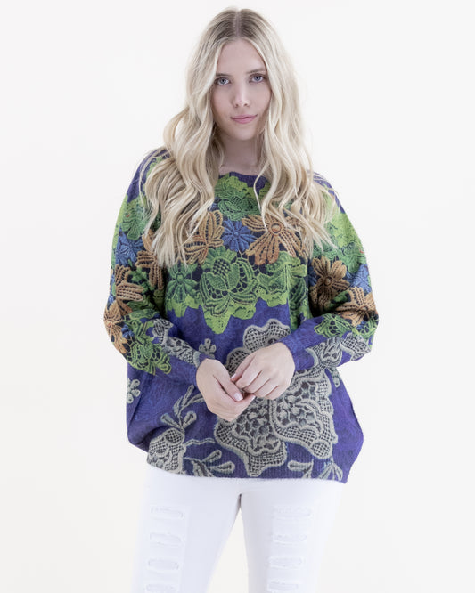 Flower Lace Digitally Printed Crew Neck Sweater