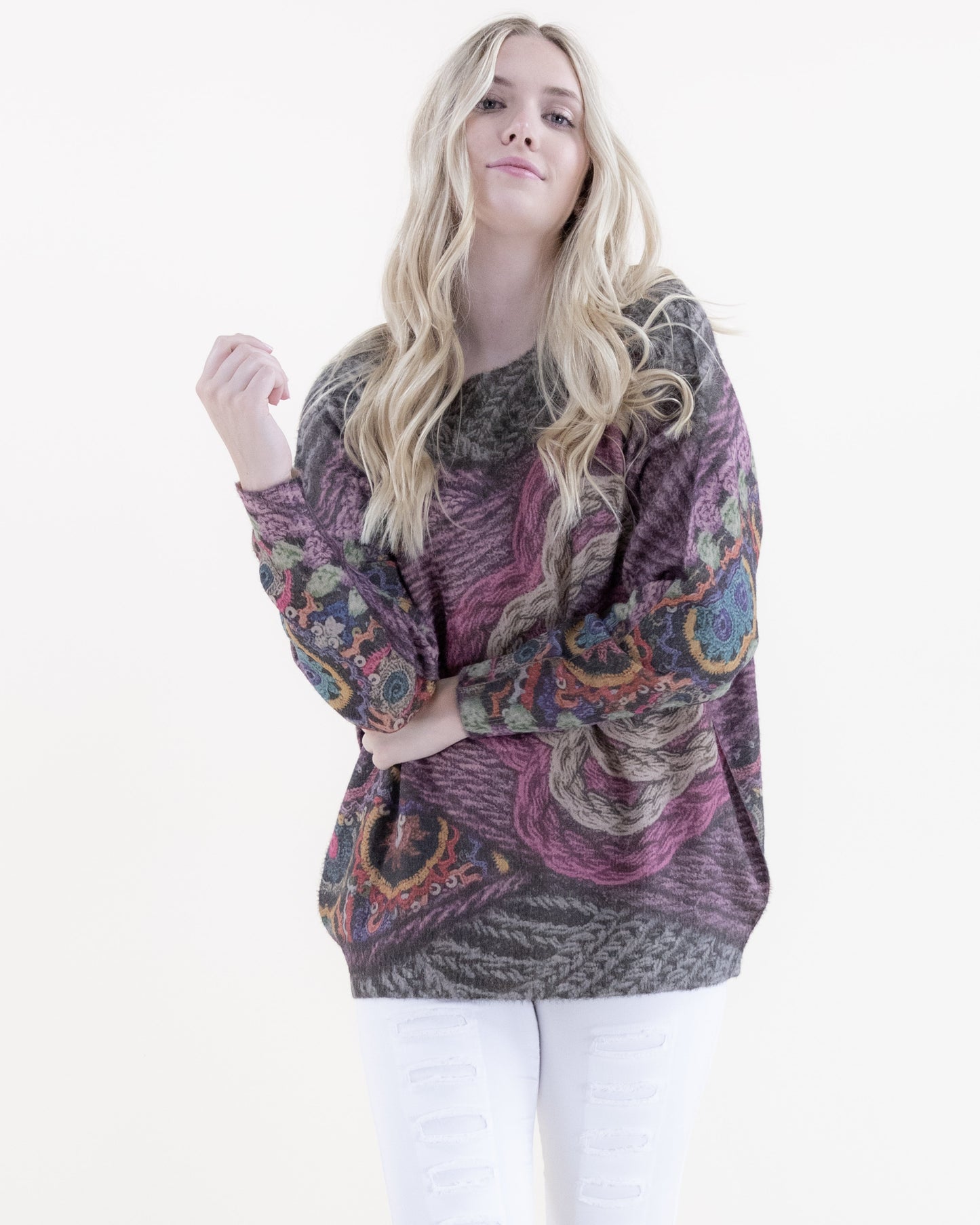 Embroidery Digitally Printed Crew Neck Sweater