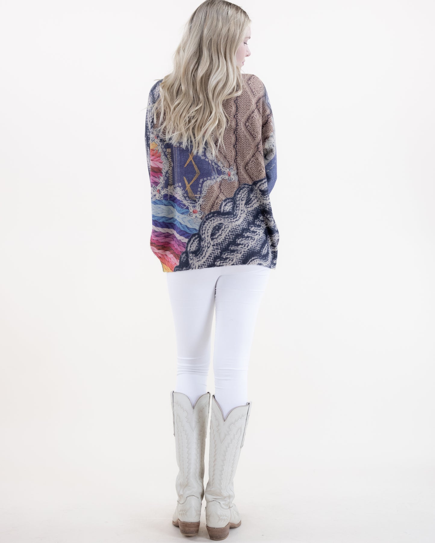 Denim Star Knit Print Crew Neck Sweater