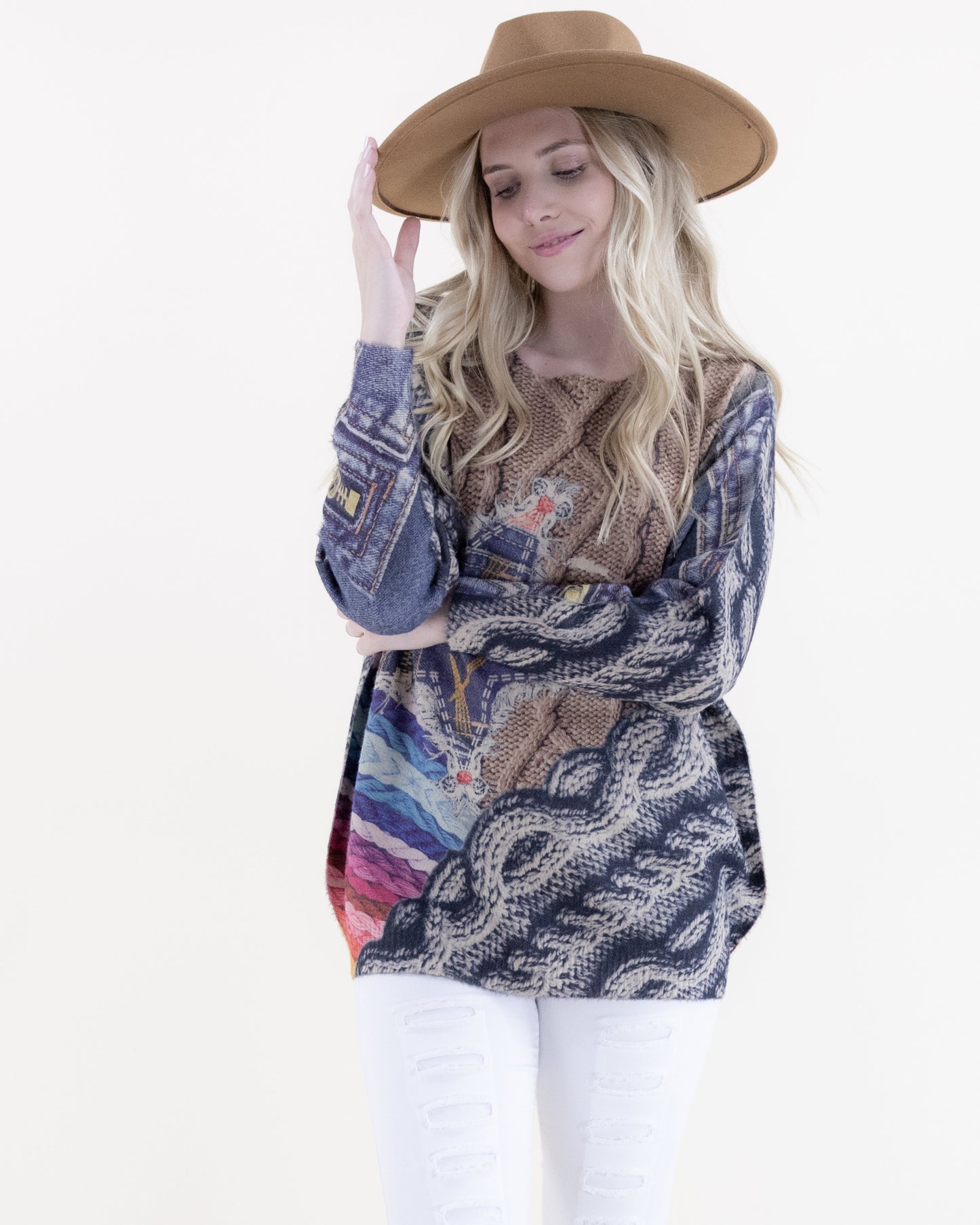 Denim Star Knit Print Crew Neck Sweater