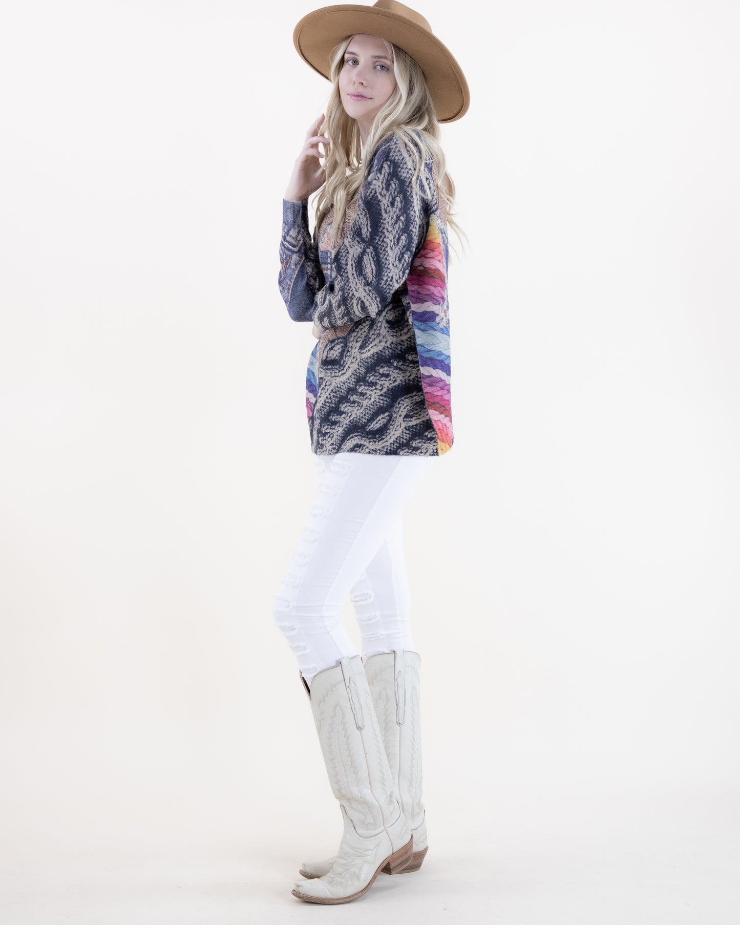 Denim Star Knit Print Crew Neck Sweater