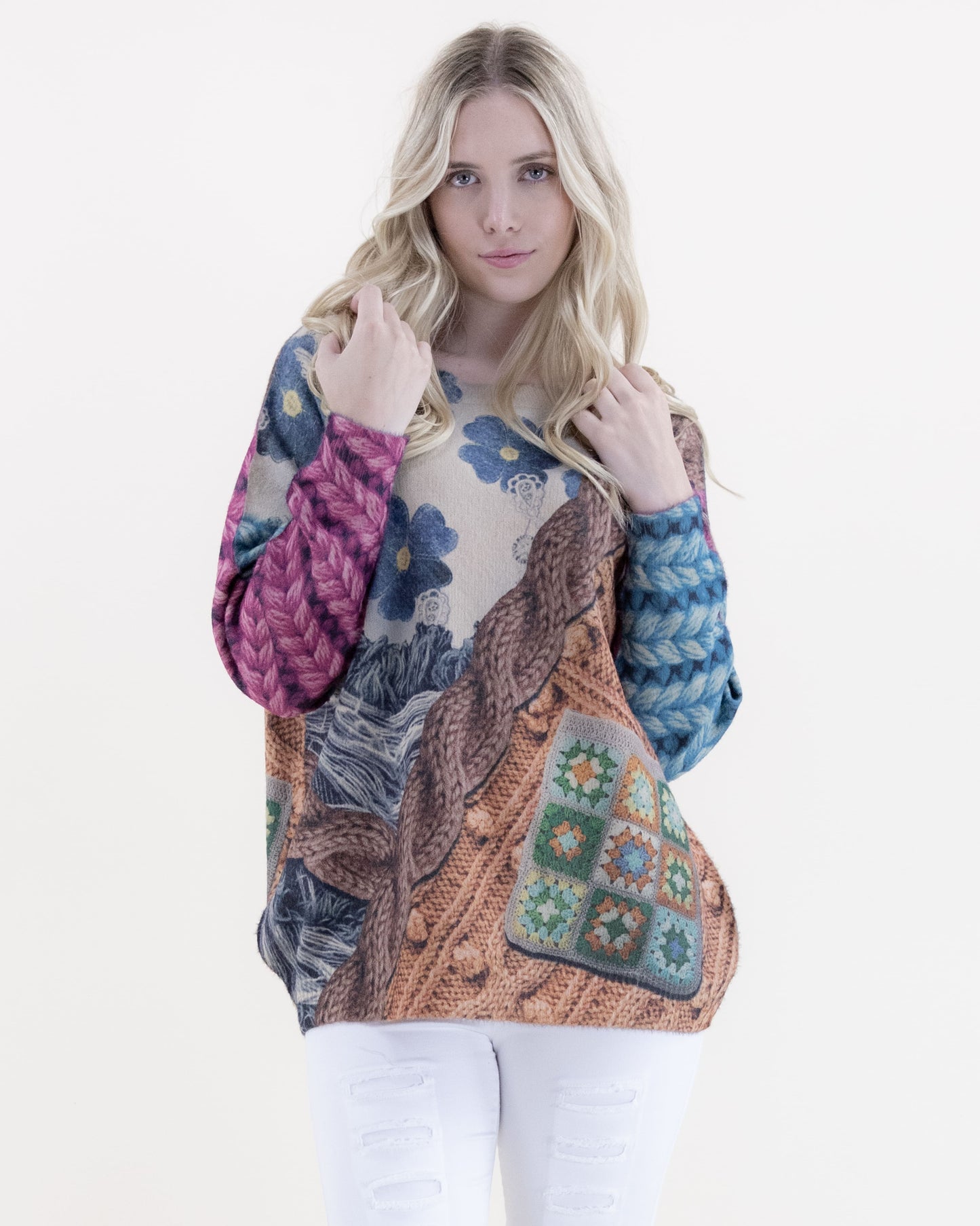 Denim and Cheetah Digitally Printed V-Neck Sweater