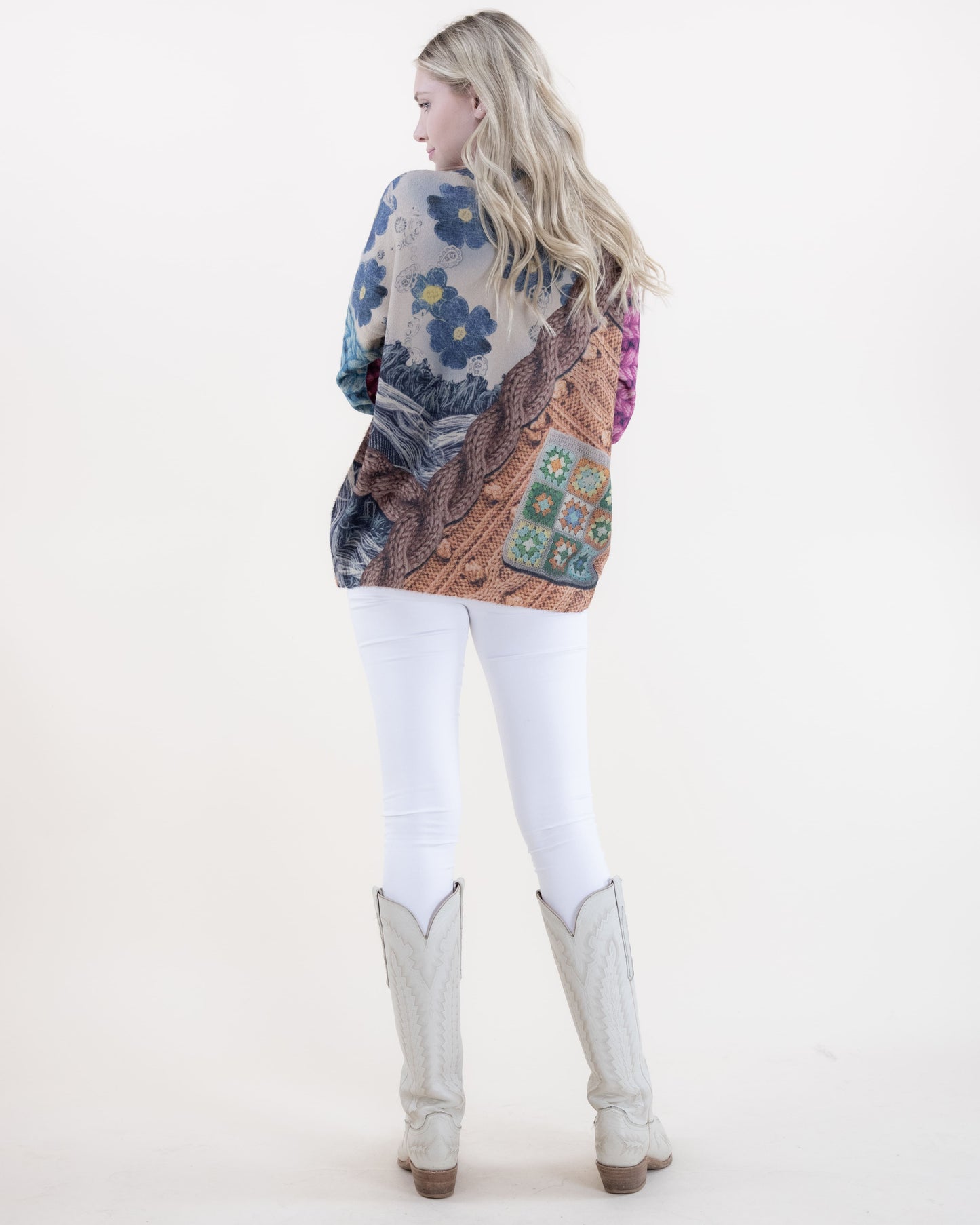 Denim and Cheetah Digitally Printed V-Neck Sweater