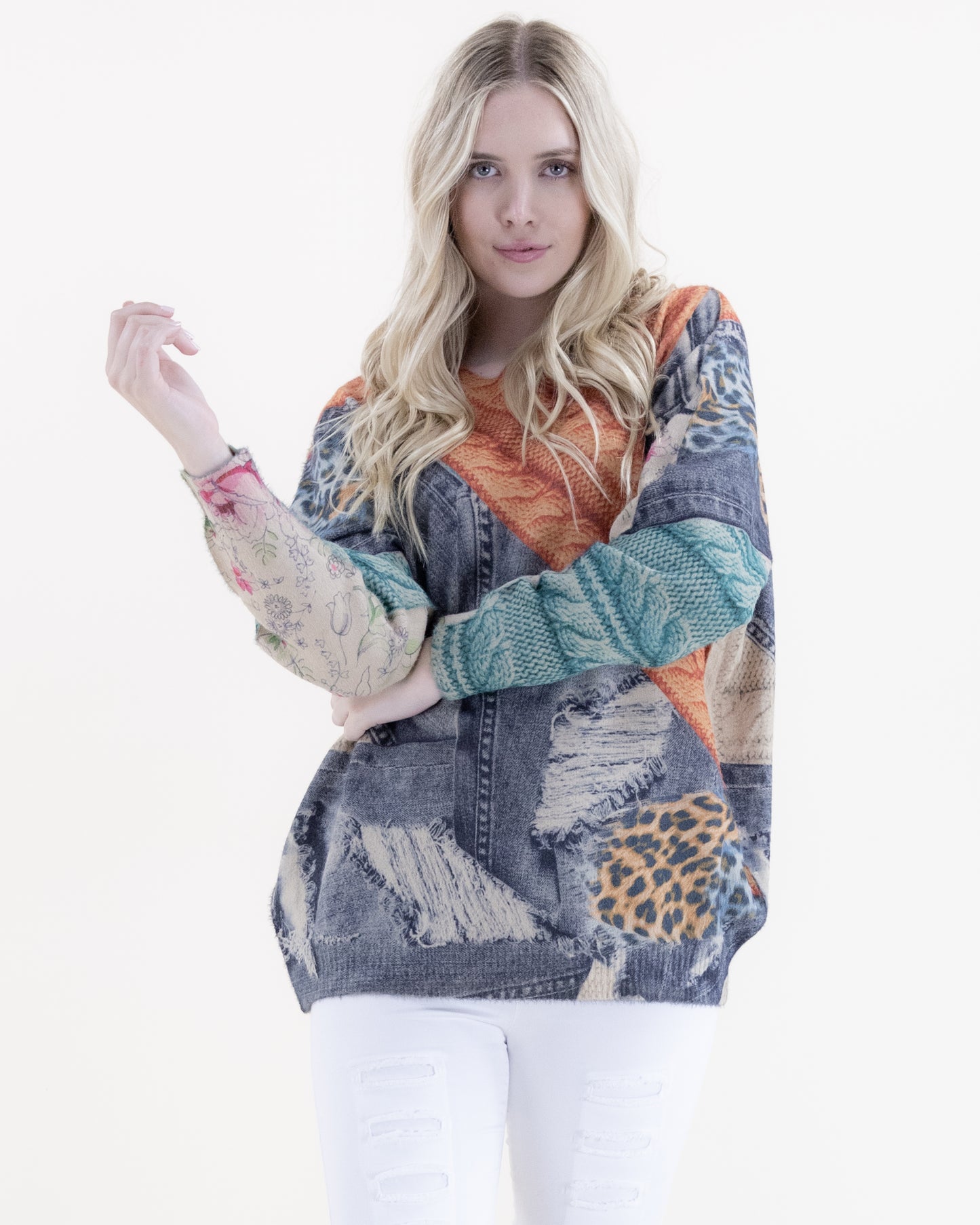 Denim and Cheetah Digitally Printed V-Neck Sweater