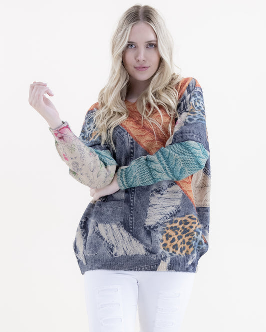 Denim and Cheetah Digitally Printed V-Neck Sweater