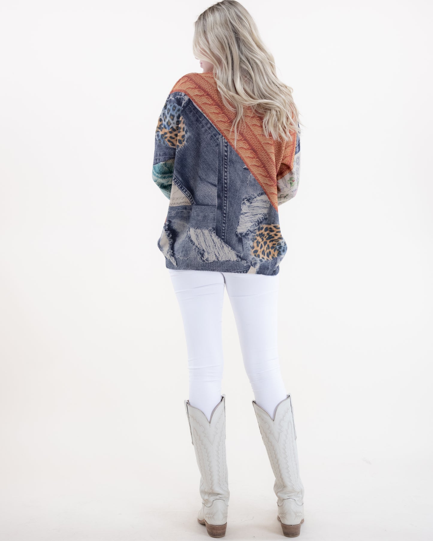 Denim and Cheetah Digitally Printed V-Neck Sweater