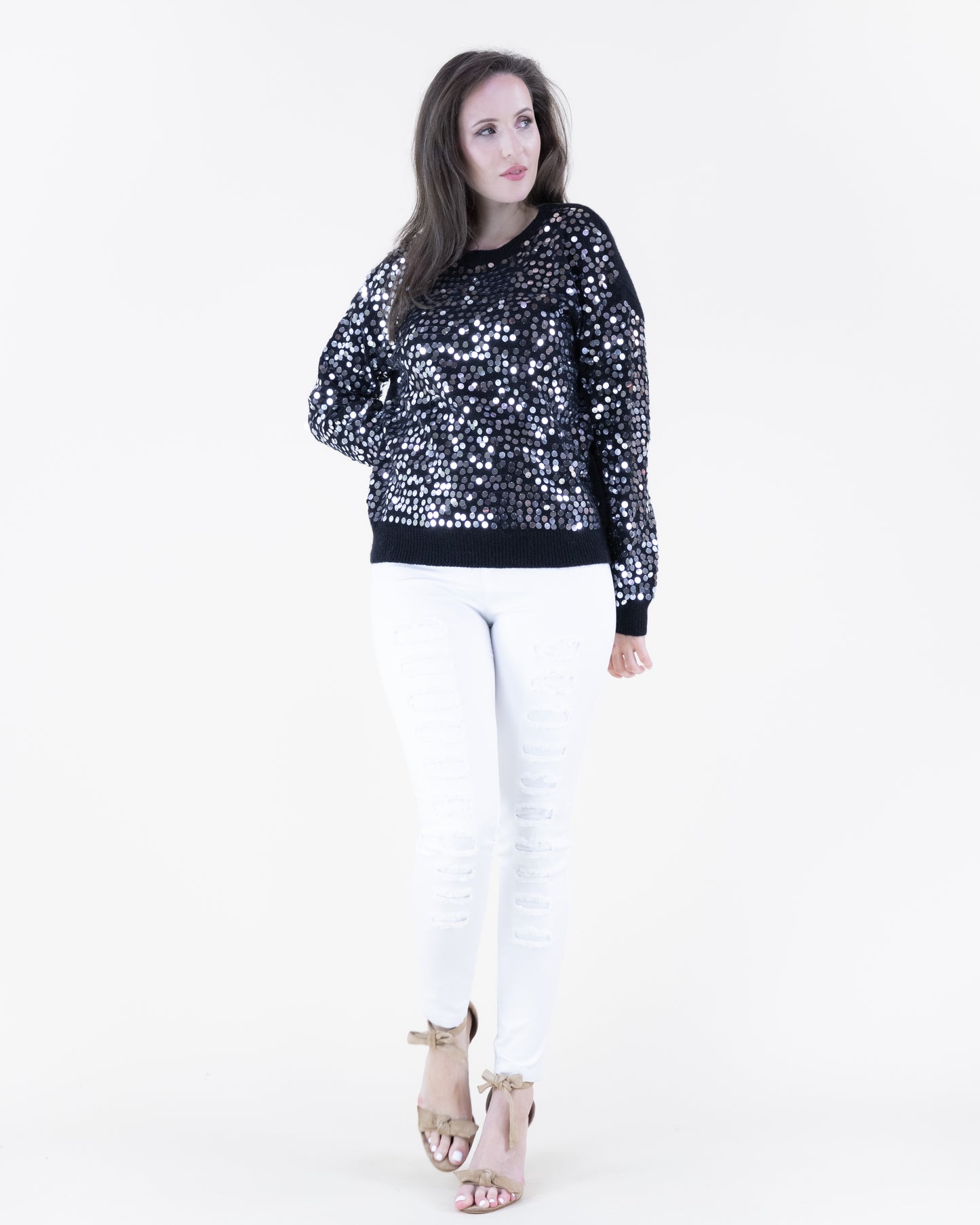 Sequin Crew Neck Pullover Sweater