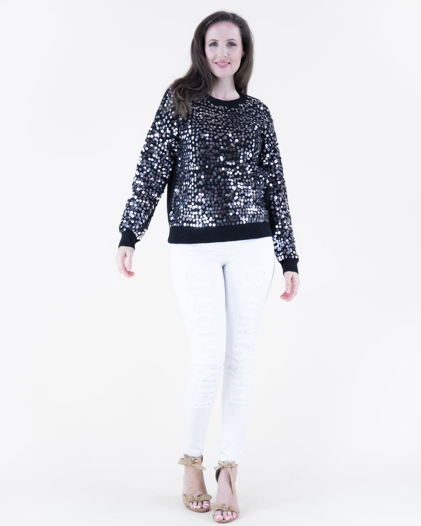 Sequin Crew Neck Pullover Sweater