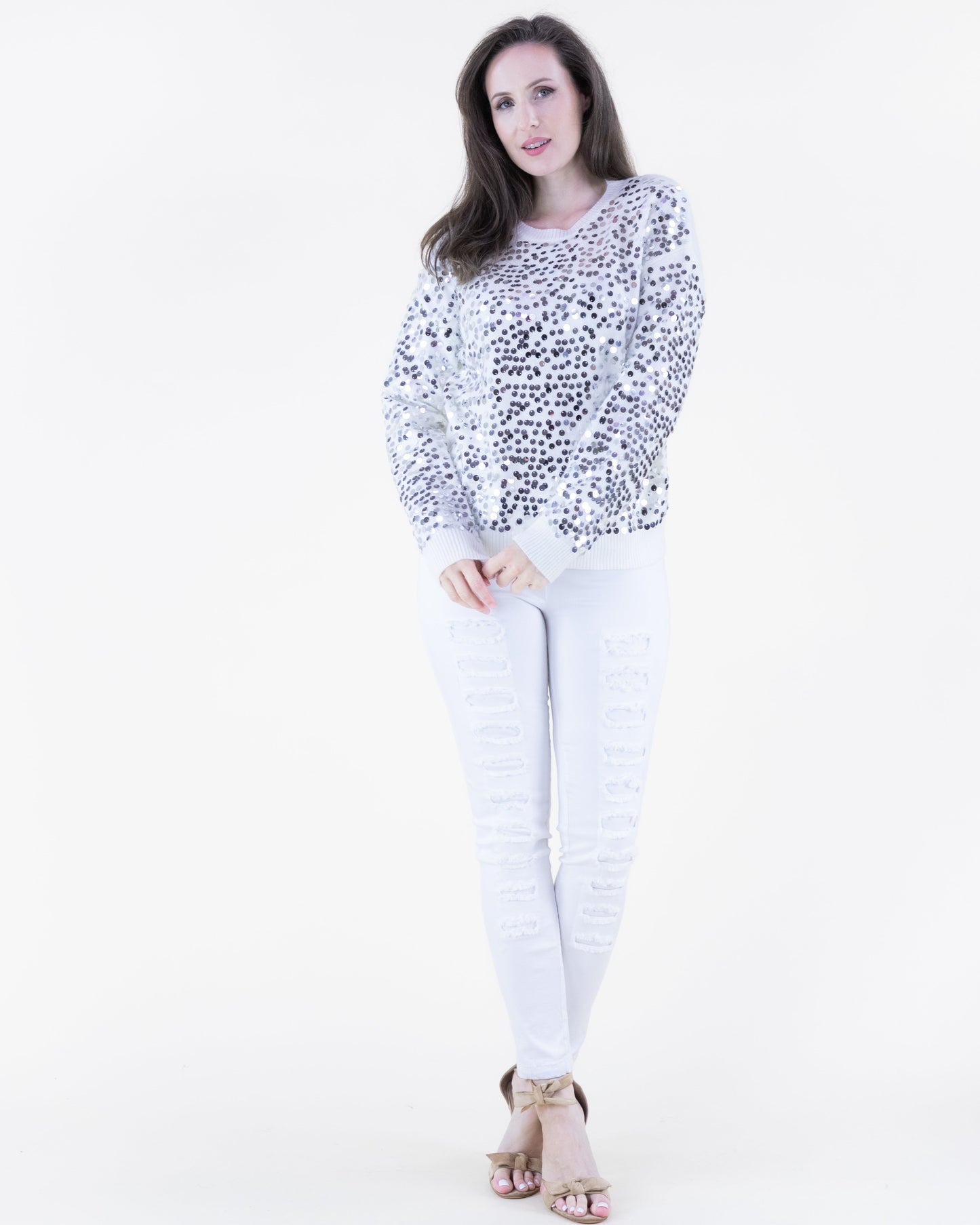 Sequin Crew Neck Pullover Sweater