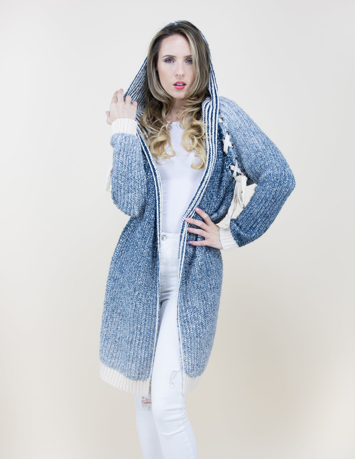 Long Cardigan Laced Shoulder w/ Hood