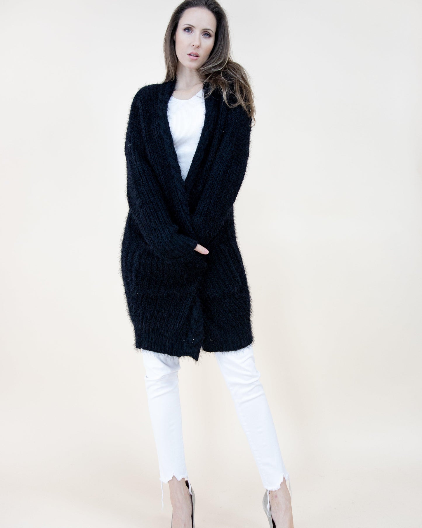 Eyelash Long Sleeve Braided Trim Pocket Cardigan