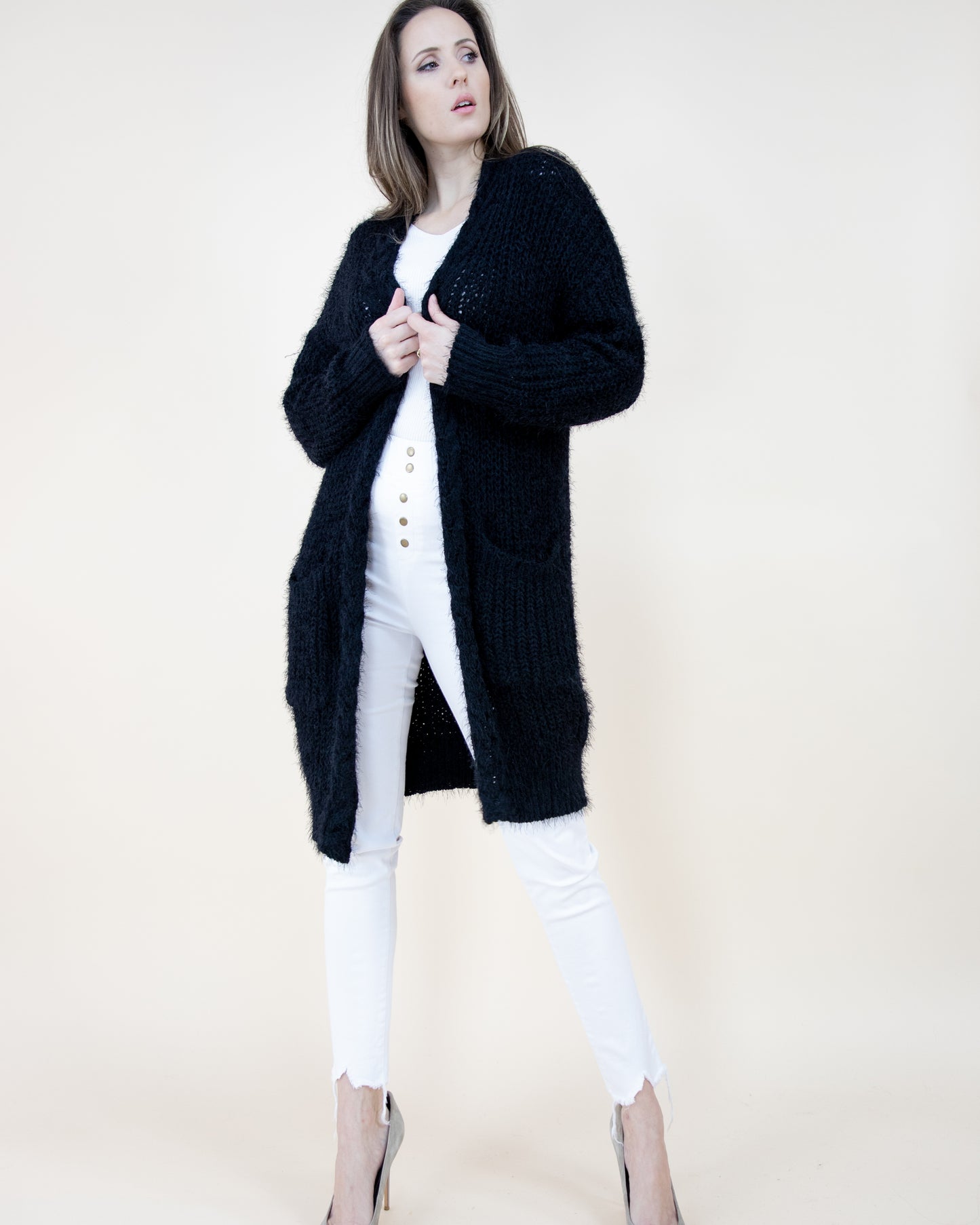 Eyelash Long Sleeve Braided Trim Pocket Cardigan
