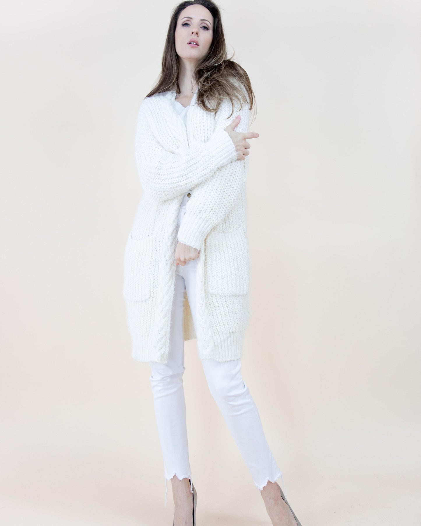 Eyelash Long Sleeve Braided Trim Pocket Cardigan