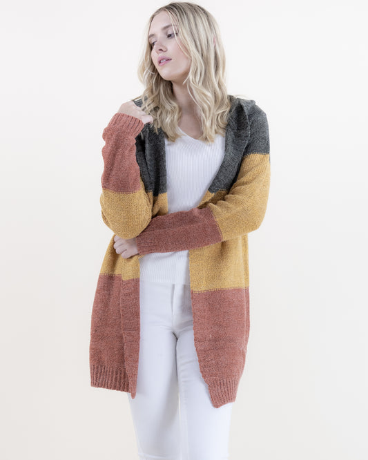 Multi Color Block Hooded Cardigan