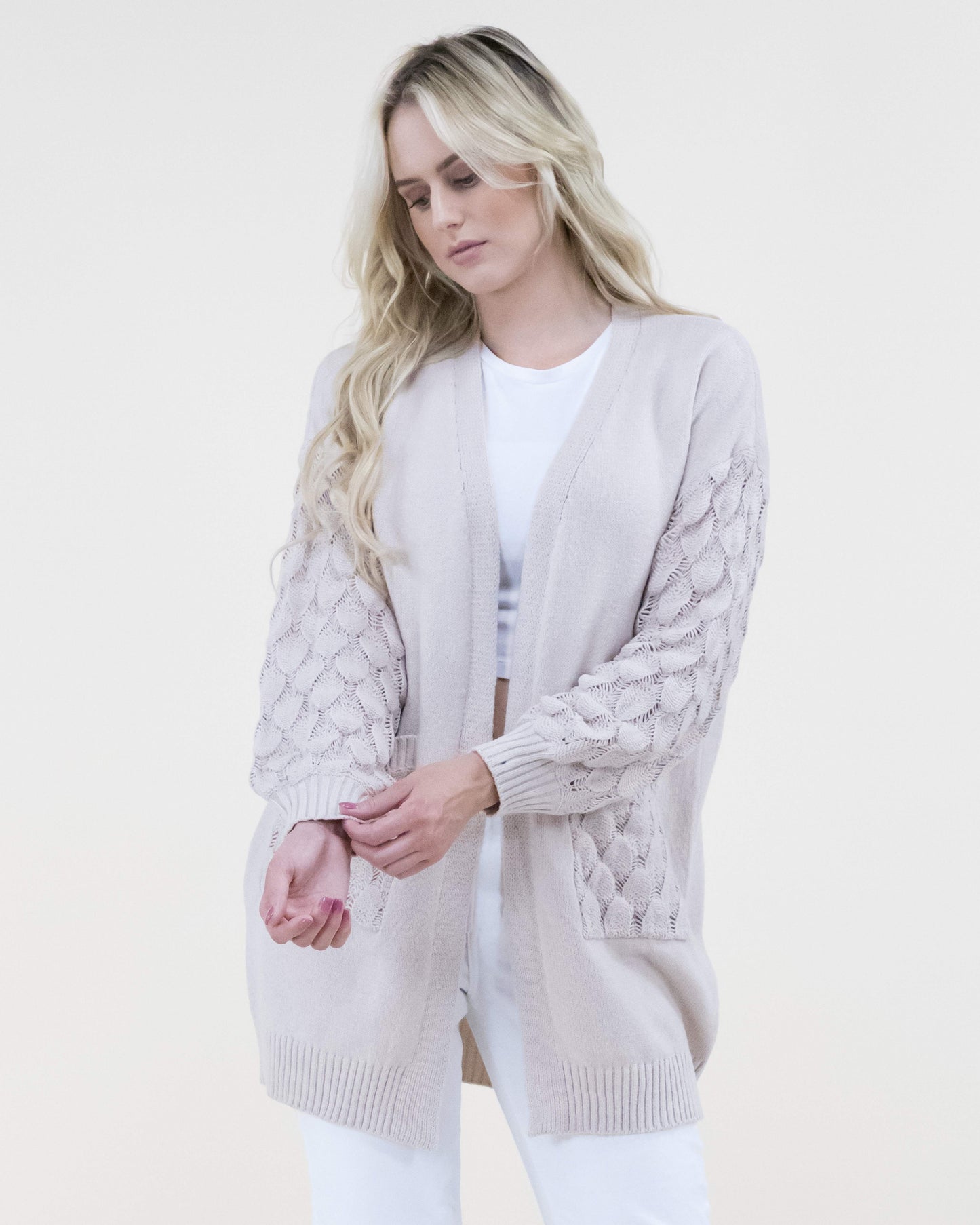 Chunky Cardigan w/ Scale Pattern Knitted Sleeves & Pockets