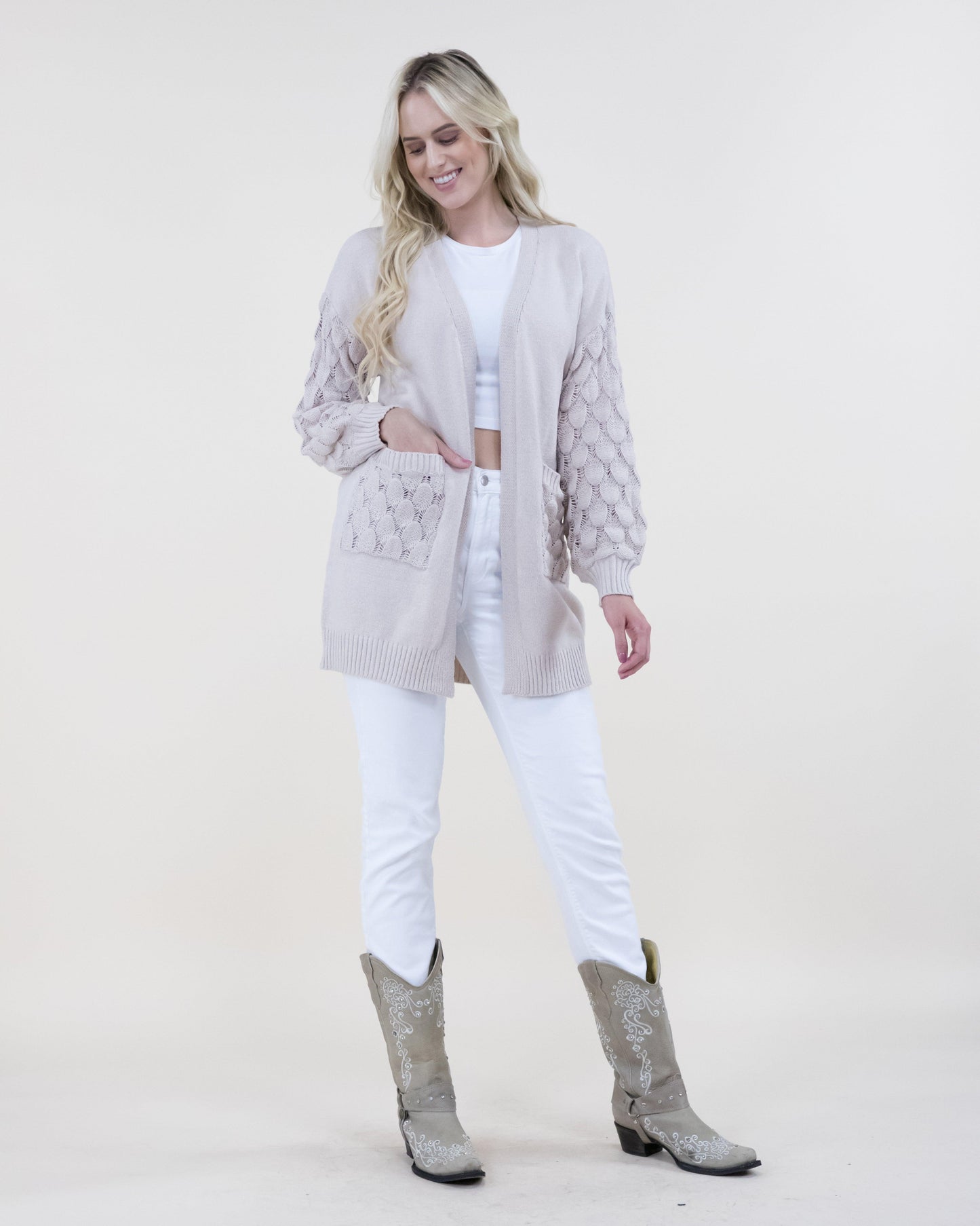 Chunky Cardigan w/ Scale Pattern Knitted Sleeves & Pockets