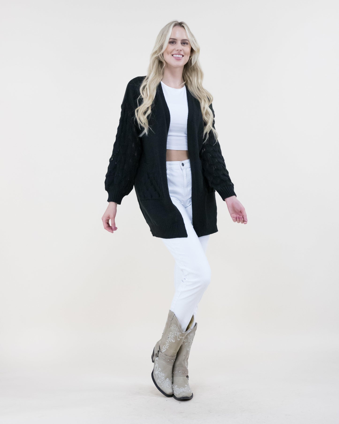 Chunky Cardigan w/ Scale Pattern Knitted Sleeves & Pockets
