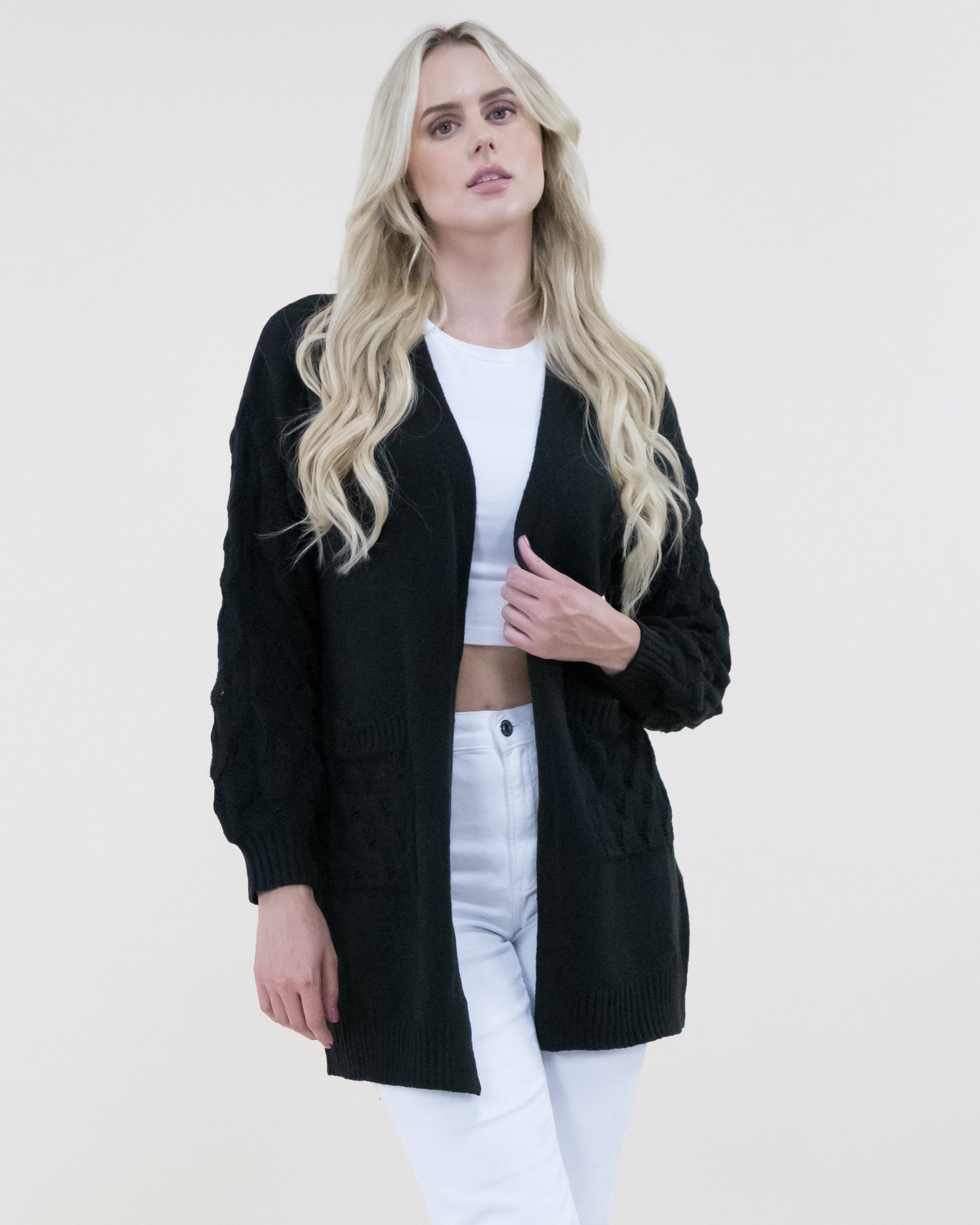 Chunky Cardigan w/ Scale Pattern Knitted Sleeves & Pockets