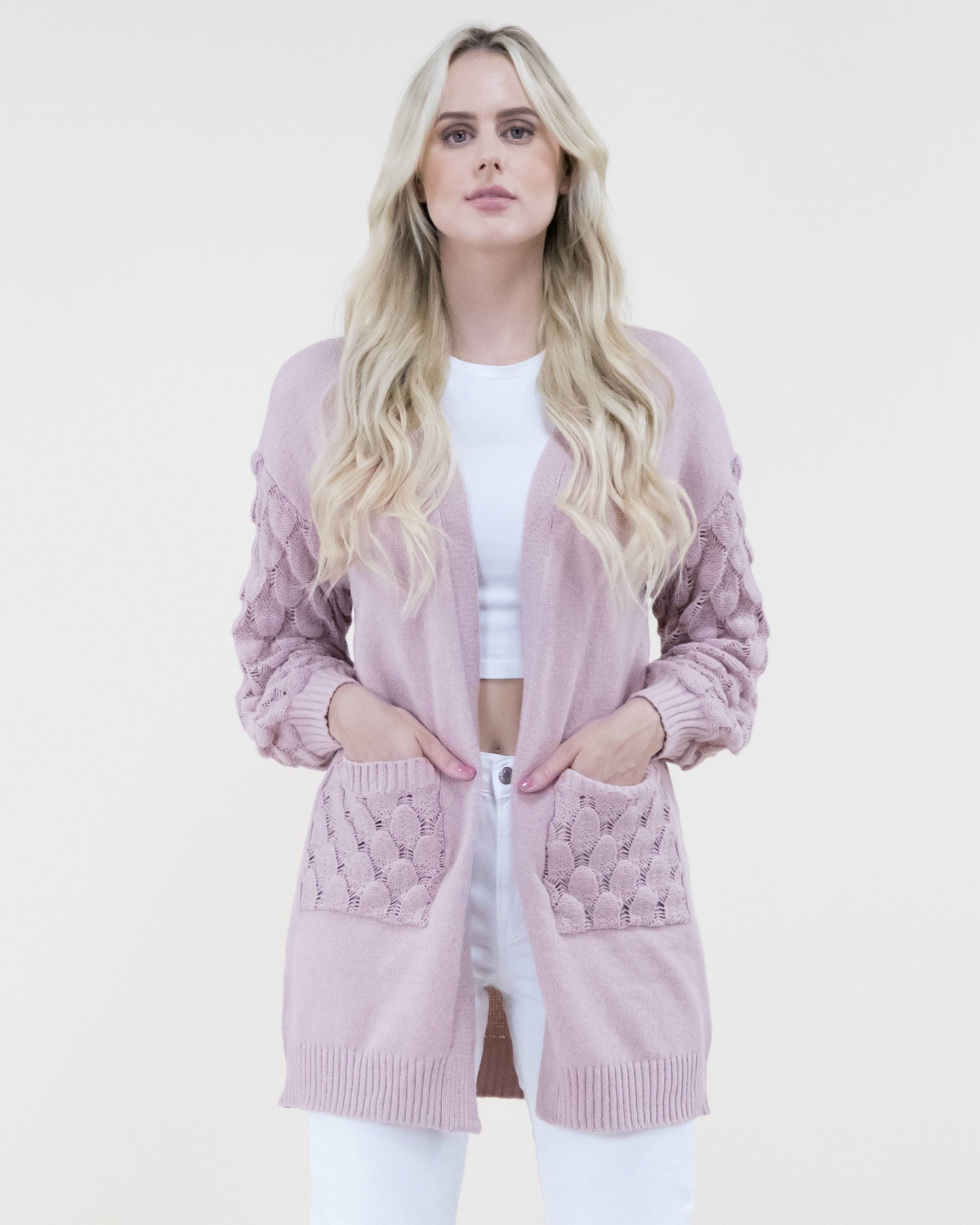 Chunky Cardigan w/ Scale Pattern Knitted Sleeves & Pockets
