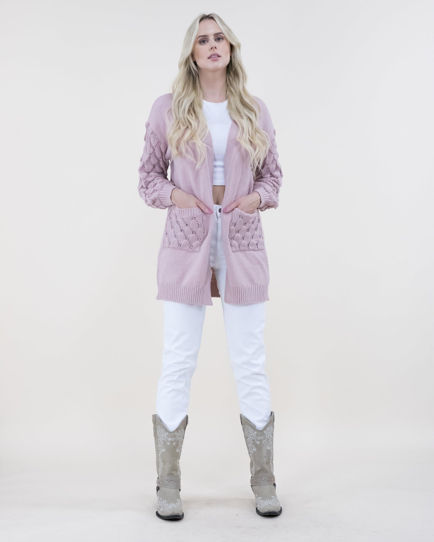 Chunky Cardigan w/ Scale Pattern Knitted Sleeves & Pockets