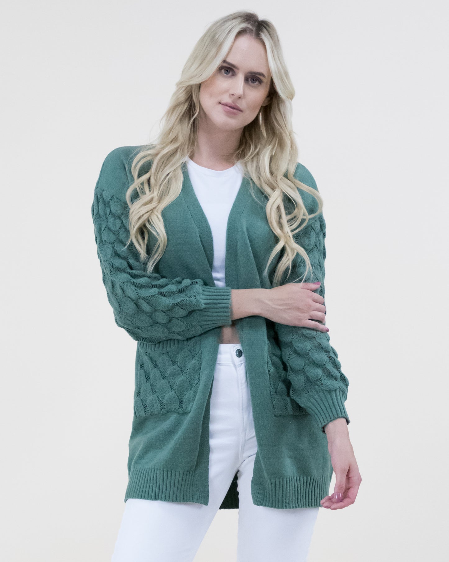Chunky Cardigan w/ Scale Pattern Knitted Sleeves & Pockets