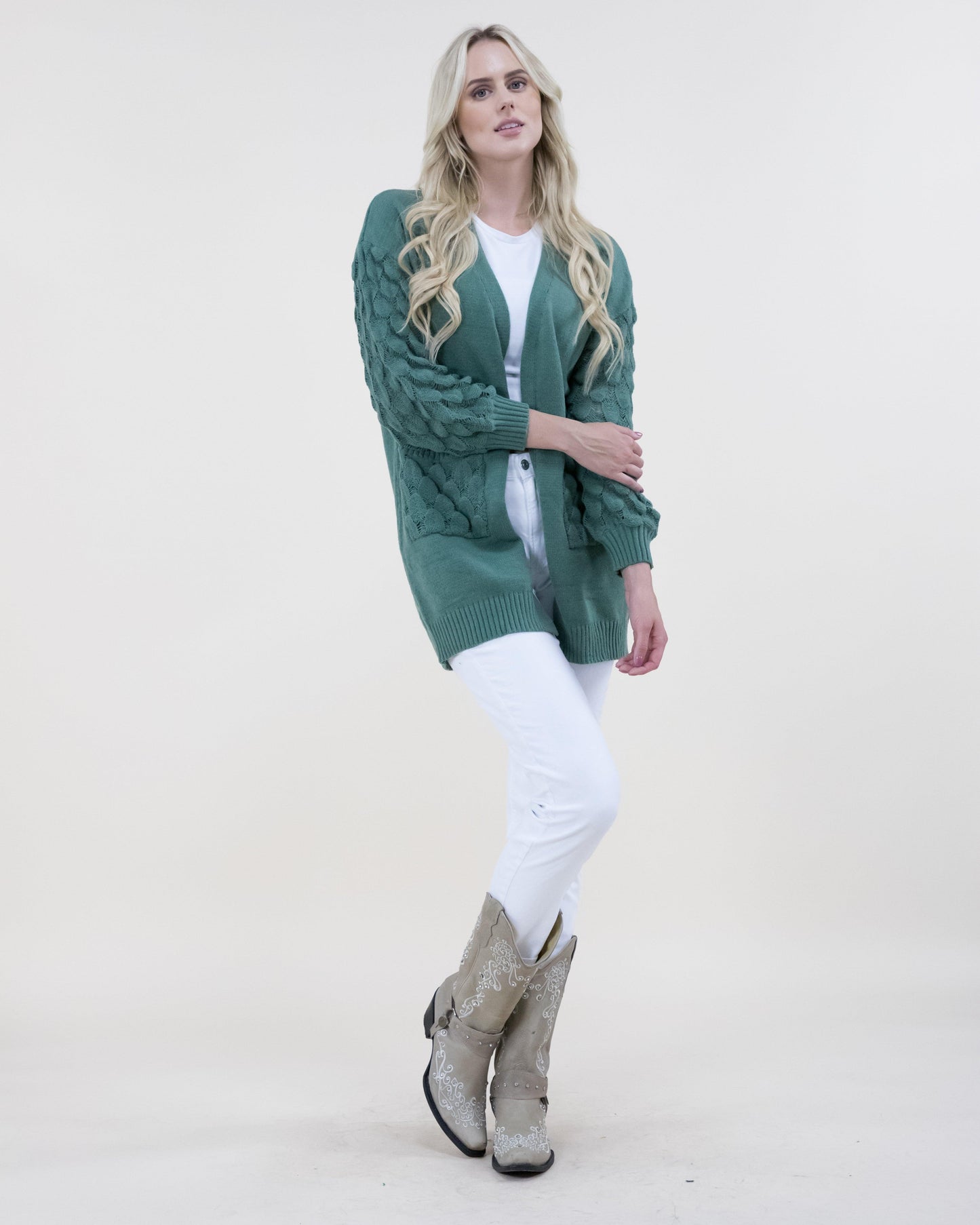 Chunky Cardigan w/ Scale Pattern Knitted Sleeves & Pockets