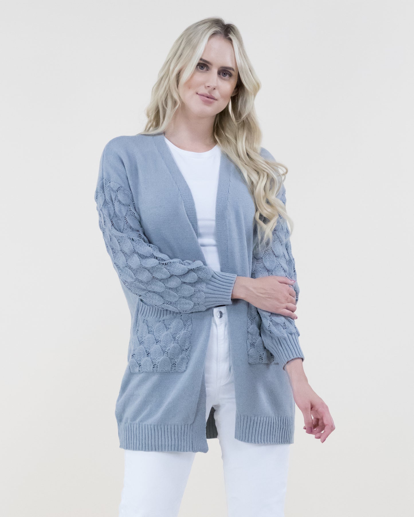 Chunky Cardigan w/ Scale Pattern Knitted Sleeves & Pockets