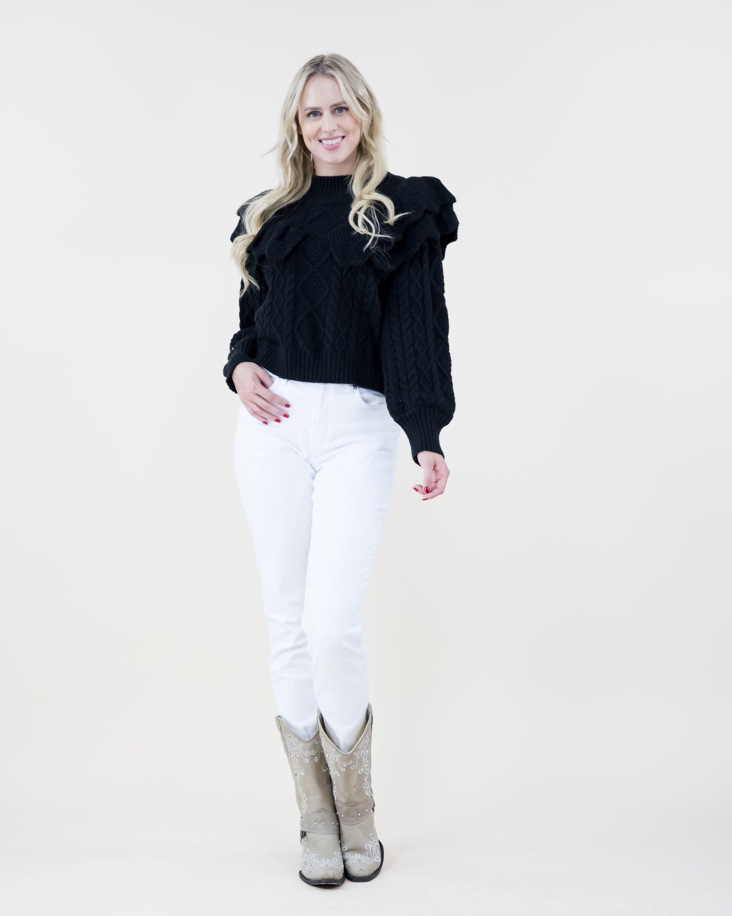 Ruffle Trim Cable Knitted Sweater