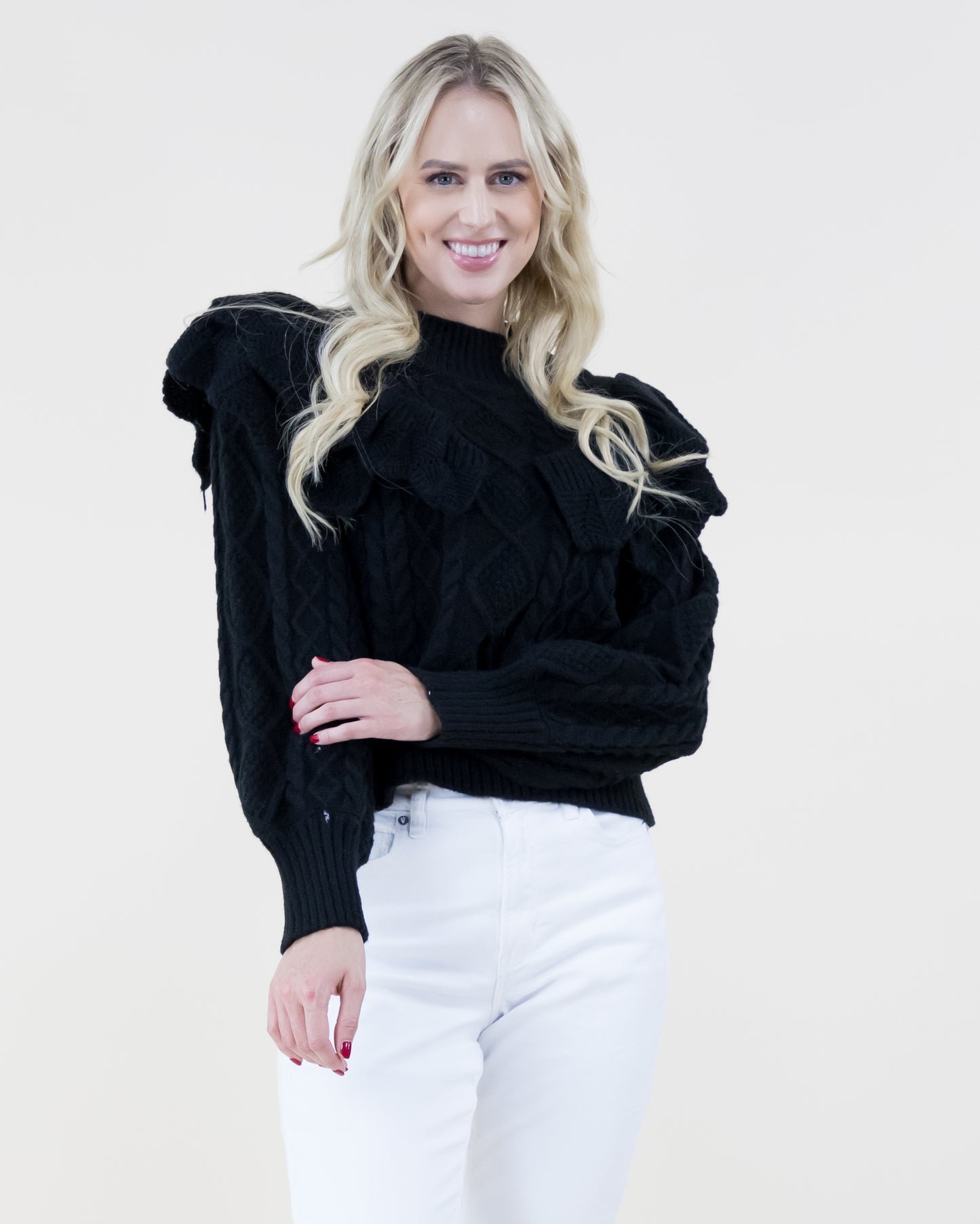 Ruffle Trim Cable Knitted Sweater