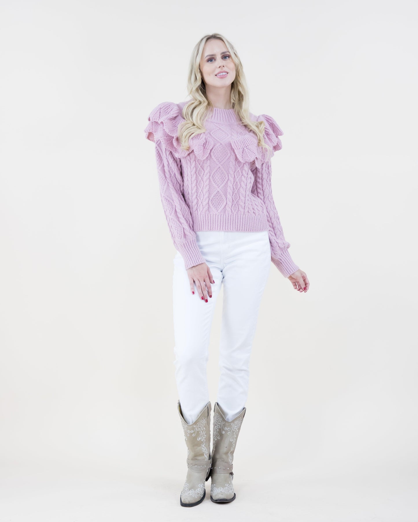 Ruffle Trim Cable Knitted Sweater