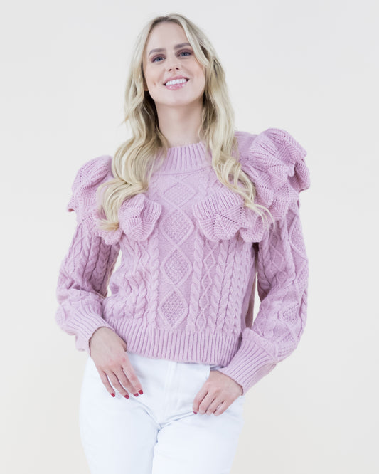 Ruffle Trim Cable Knitted Sweater