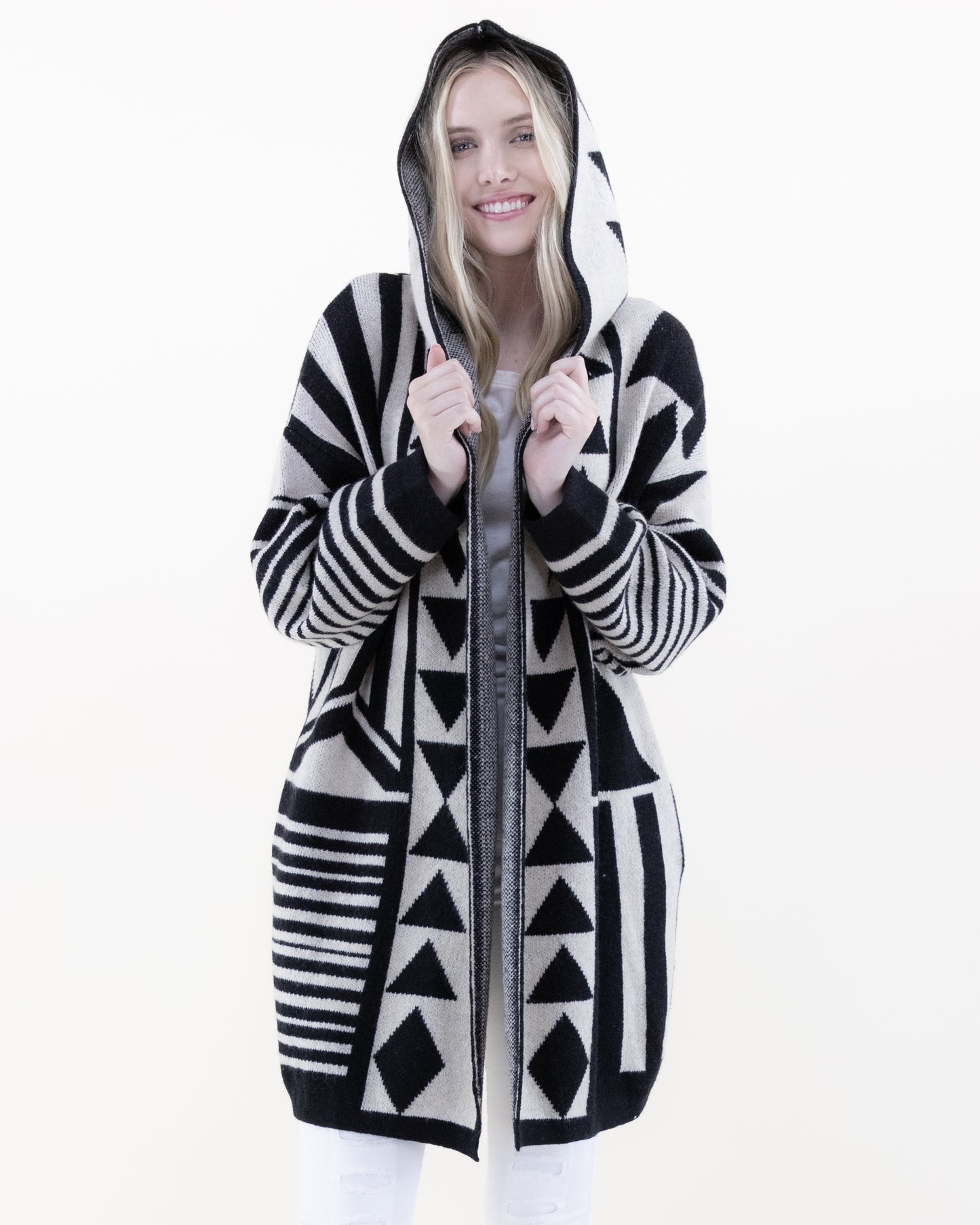 Comfy & Oversized Geometric Hooded Cardigan