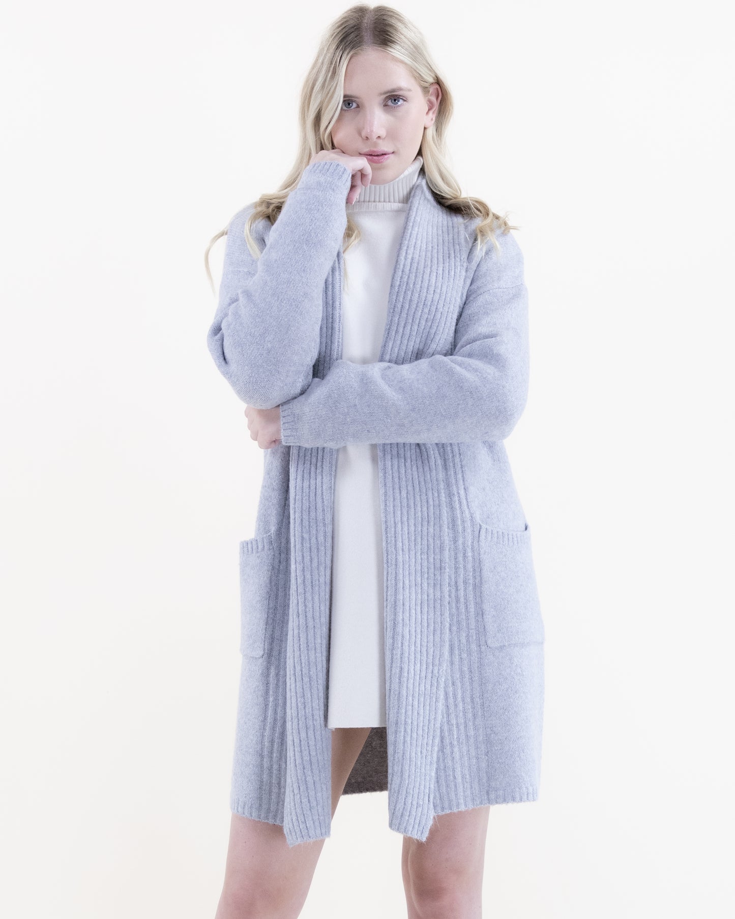 Ribbed Shawl Collar Cardigan w/ Front Pockets