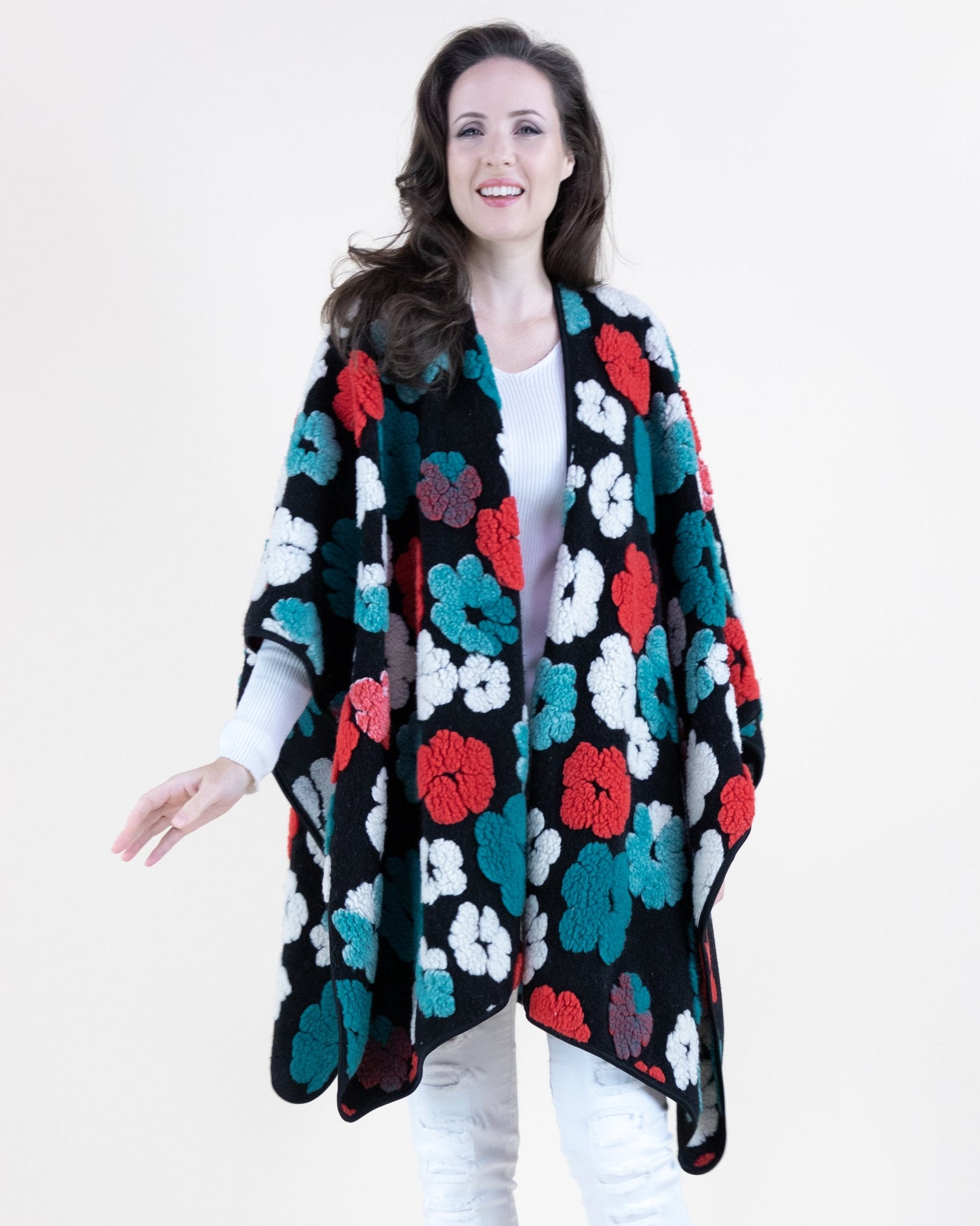 Chunky Flowers Embroidered Ruana Wrap