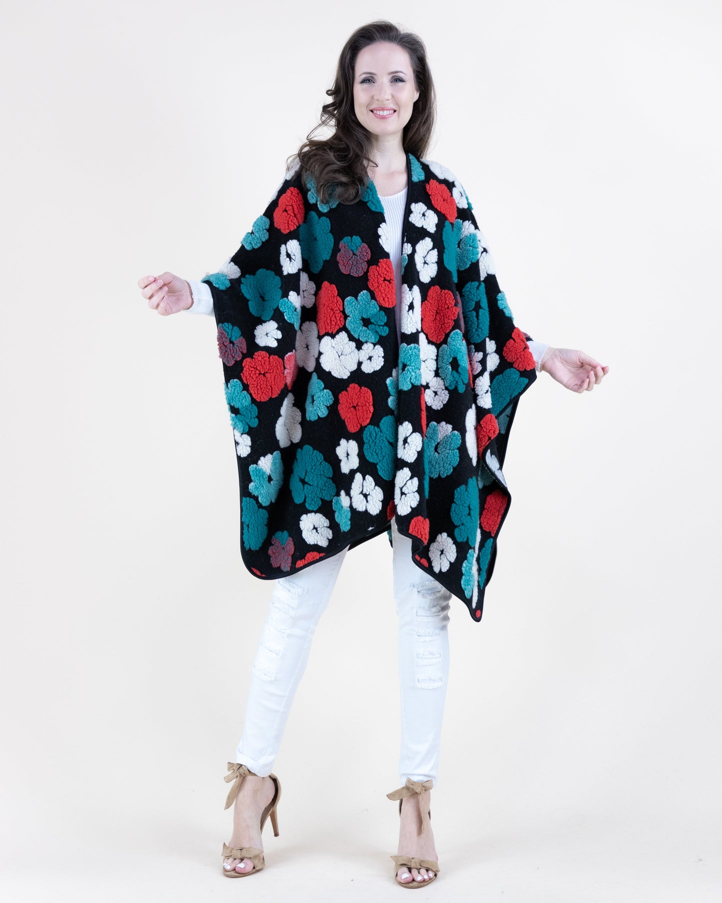 Chunky Flowers Embroidered Ruana Wrap