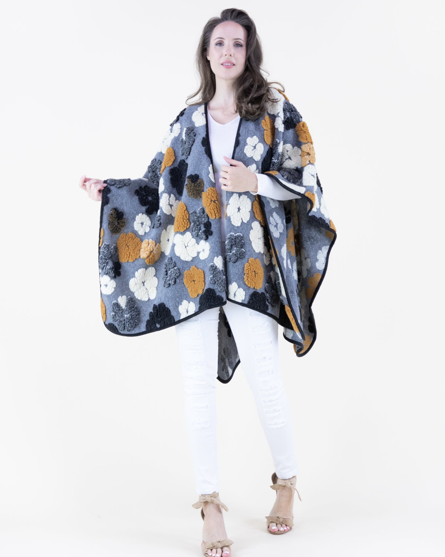 Chunky Flowers Embroidered Ruana Wrap