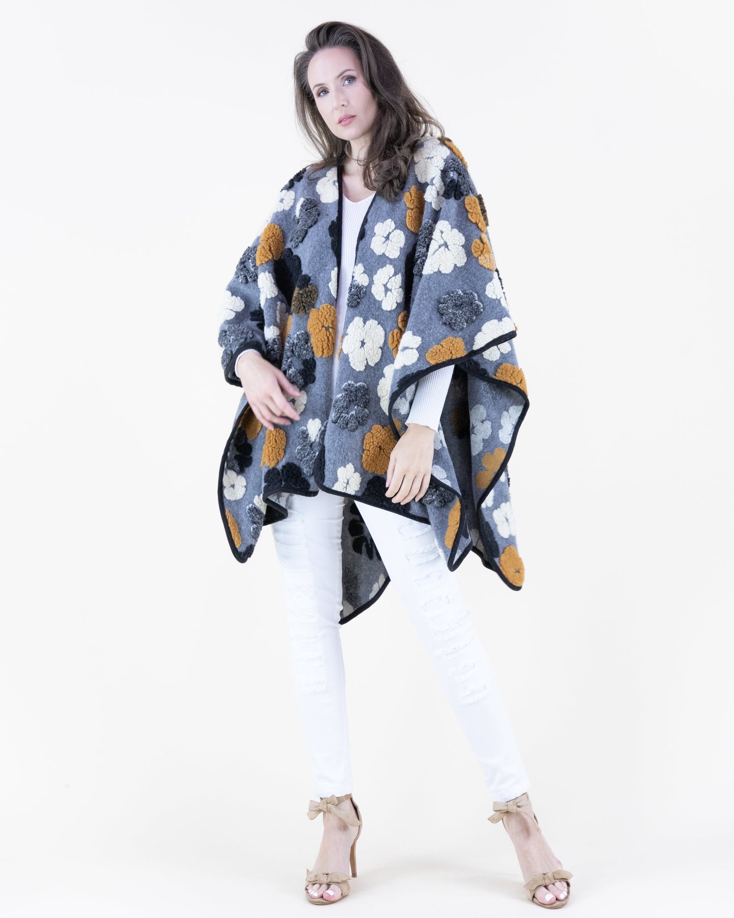 Chunky Flowers Embroidered Ruana Wrap