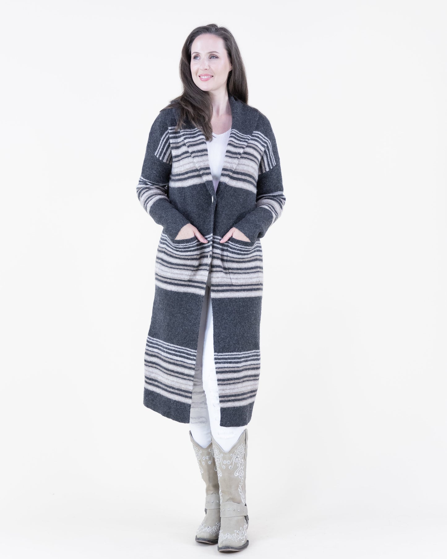 Horizontal Lines Shawl Collar Duster Cardigan