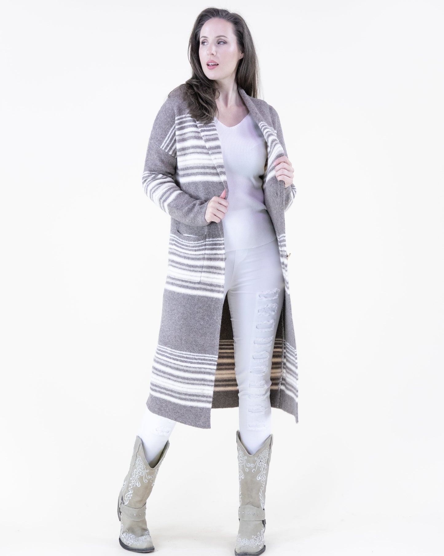 Horizontal Lines Shawl Collar Duster Cardigan
