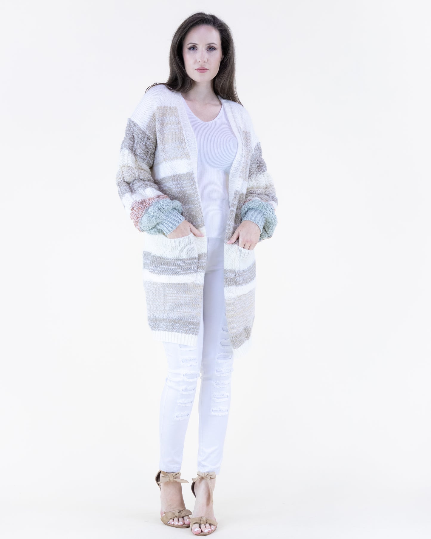 Bubble Stitch Sleeves Casual Knit Cardigan