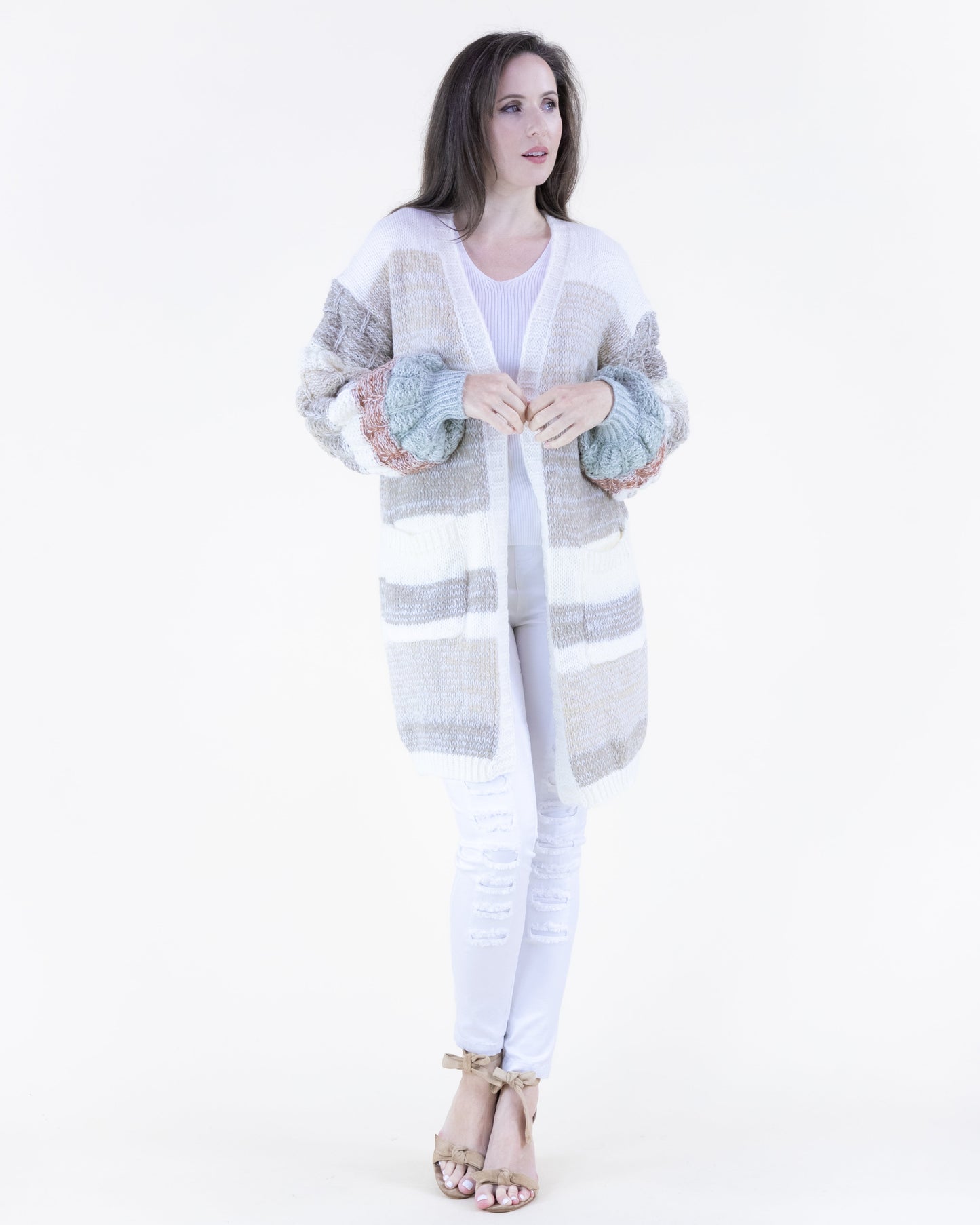 Bubble Stitch Sleeves Casual Knit Cardigan