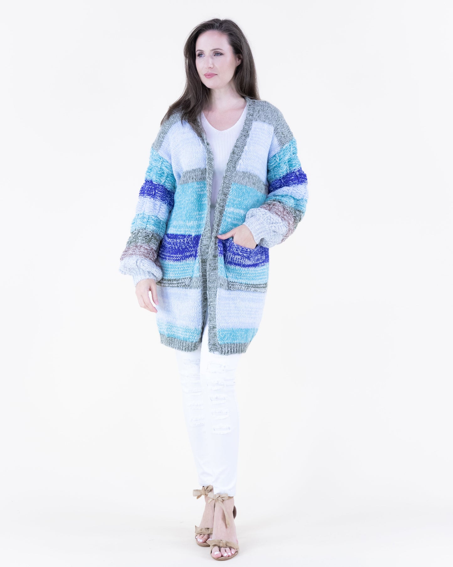 Bubble Stitch Sleeves Casual Knit Cardigan