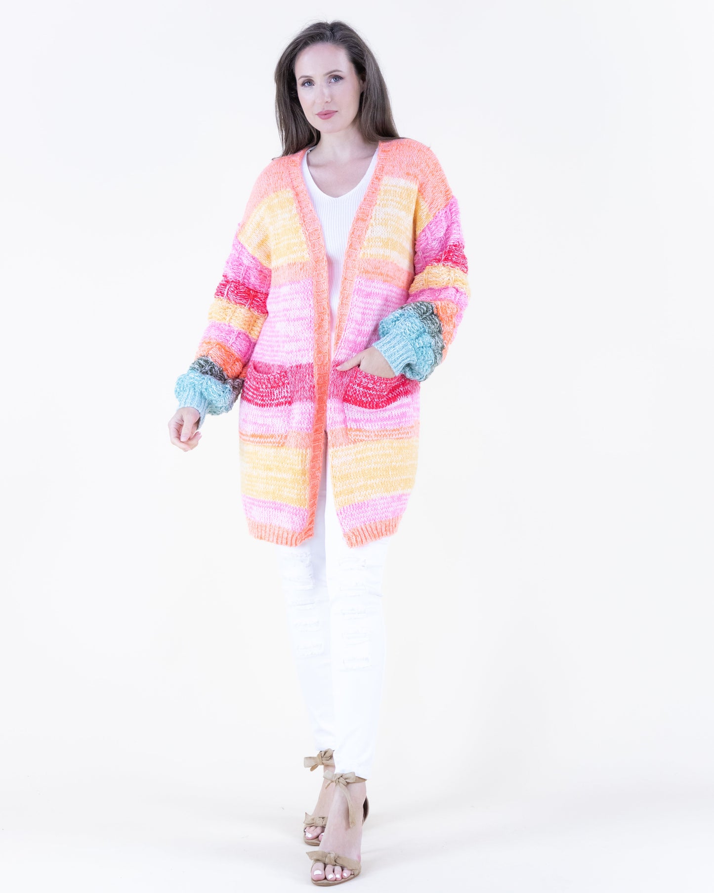 Bubble Stitch Sleeves Casual Knit Cardigan
