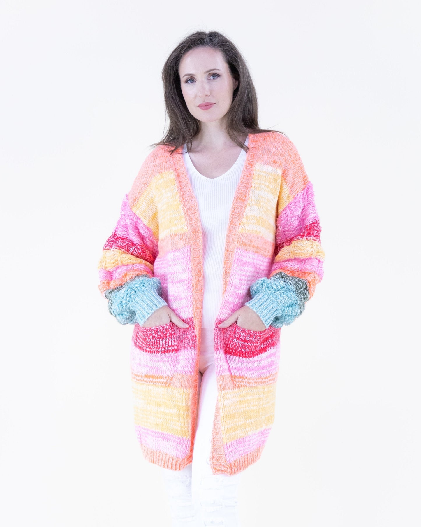 Bubble Stitch Sleeves Casual Knit Cardigan